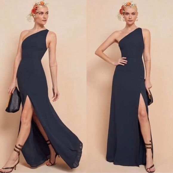 Reformation Evelyn One Shoulder Maxi Dress Gown, Navy - Picture 1 of 7